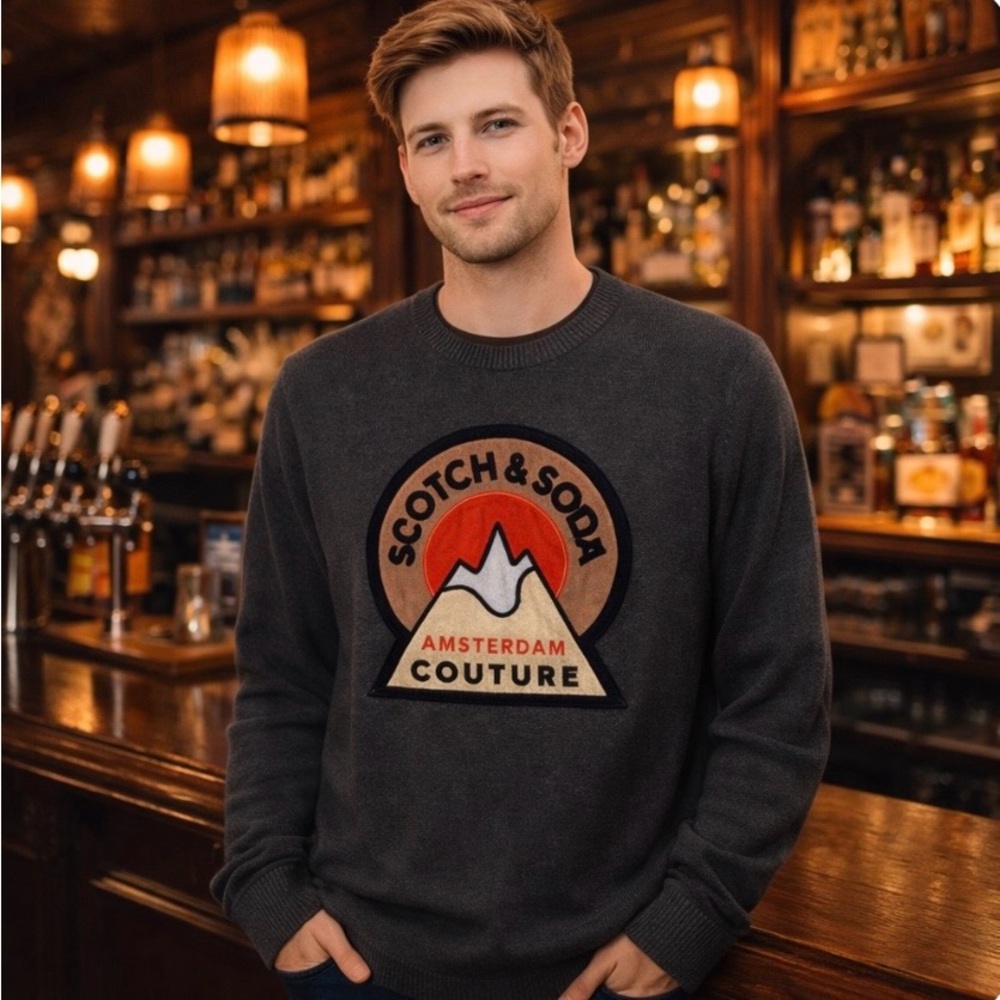 Scotch & Soda Sweater Amsterdam  Couture Logo Grey Crewneck Graphic Knit Mens M